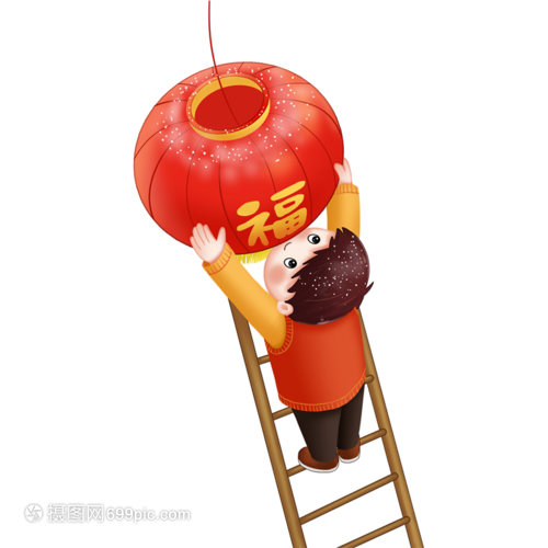 过年挂灯笼的男孩